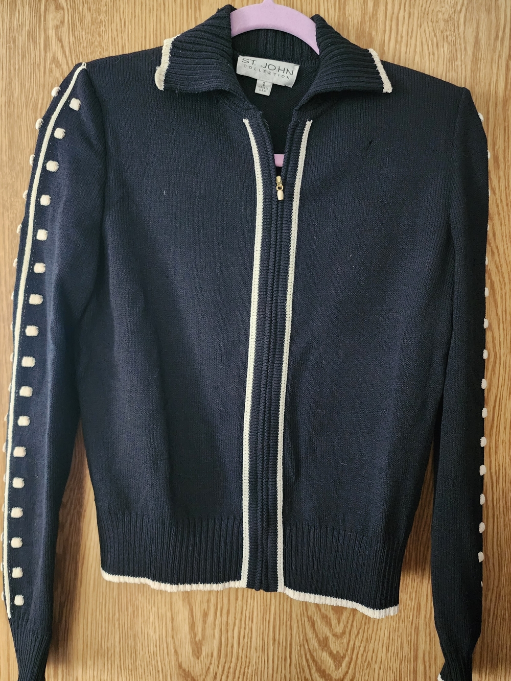 St. John Women's Black Zip-Up Sweater with Cream Trim
